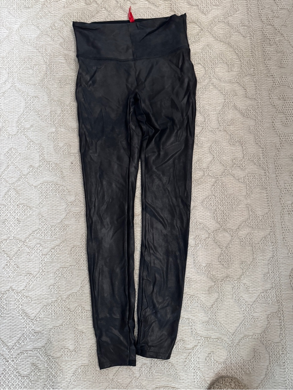 SPANX Black Faux Leather-Look Leggings with Red Tag